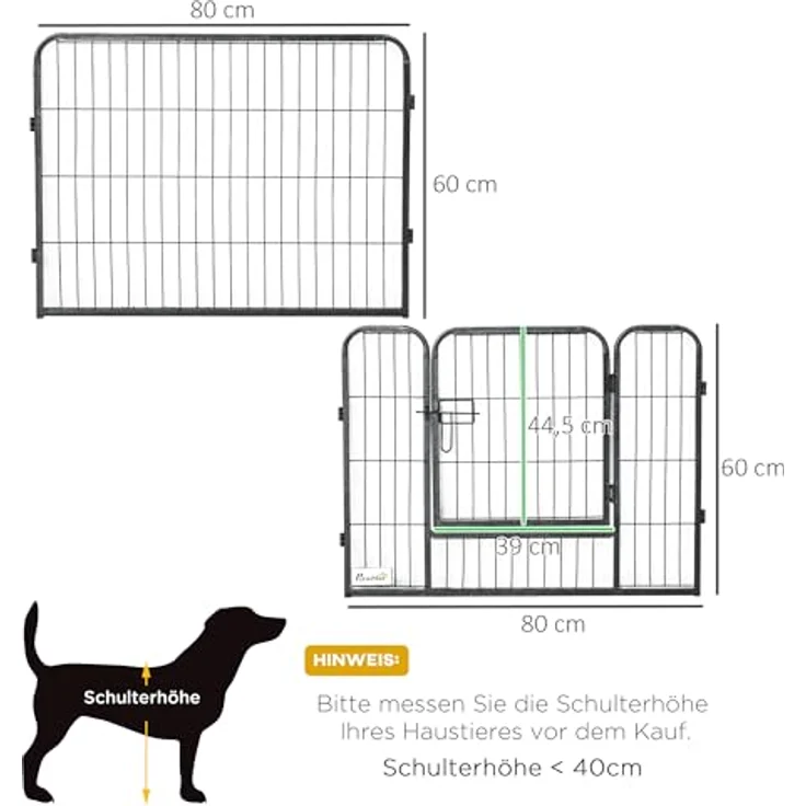 PawHut Freilaufgehege, 60 cm Hoch Welpenauslauf mit Tür, Welpenlaufstall, Hundelaufstall mit 12 Paneelen, Hundeauslauf für Outdoor, Stahl, Schwarz – Bild 3