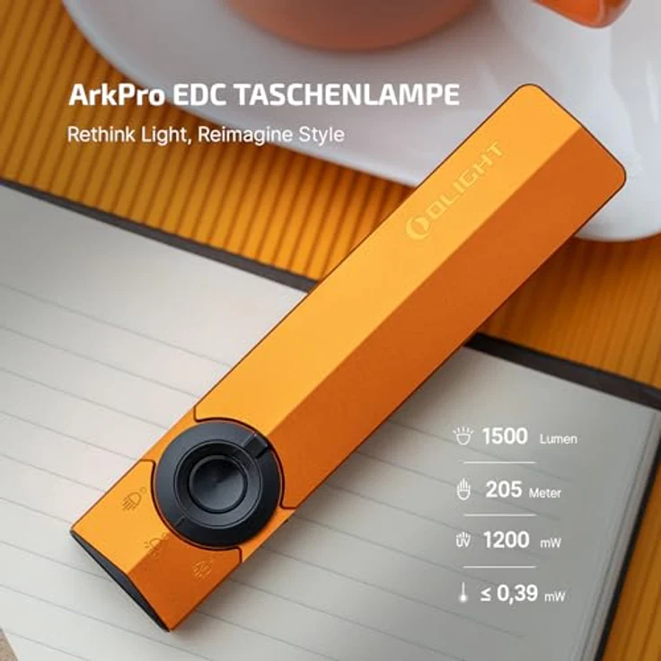 OLIGHT ArkPro, LED Taschenlampe aufladbar mit 1500 Lumen, 205m Leuchtweite, UV- und Grünlicht, IPX7 wasserdicht, orange – Bild 2
