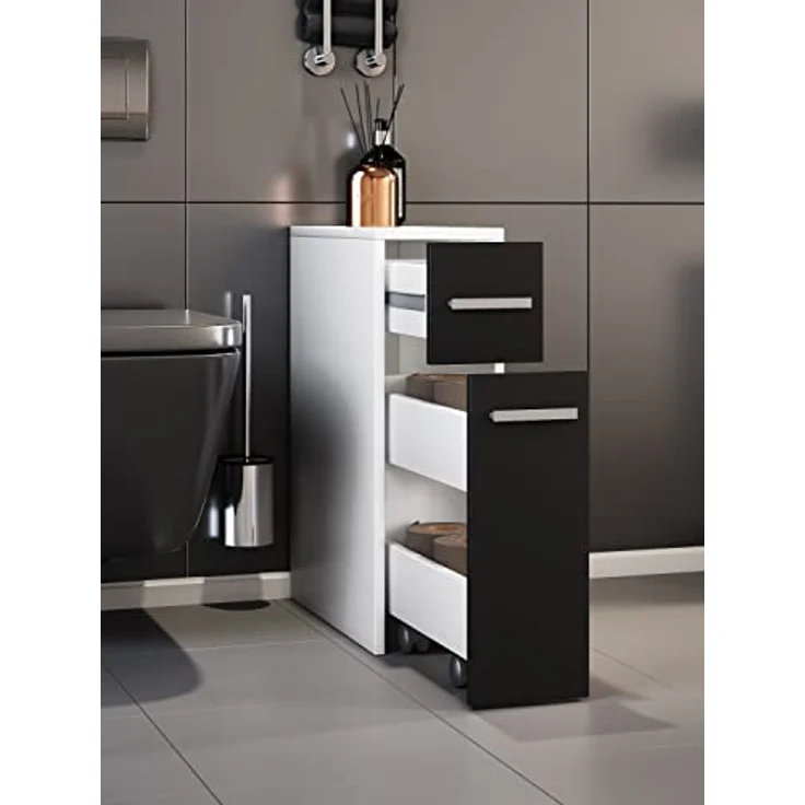 VCM Holz Badmöbel Midischrank Bad Toilette Badschrank Schublade Nischenschrank Zalo Weiß/Schwarz – Bild 3
