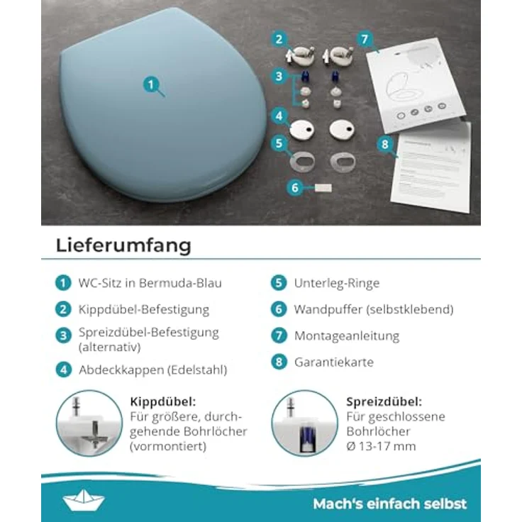 Calmwaters WC Sitz Premium Bermuda-Blau, Duroplast mit Absenkautomatik, antibakteriell, 250 kg Tragkraft, abnehmbar, Made in EU – Bild 8