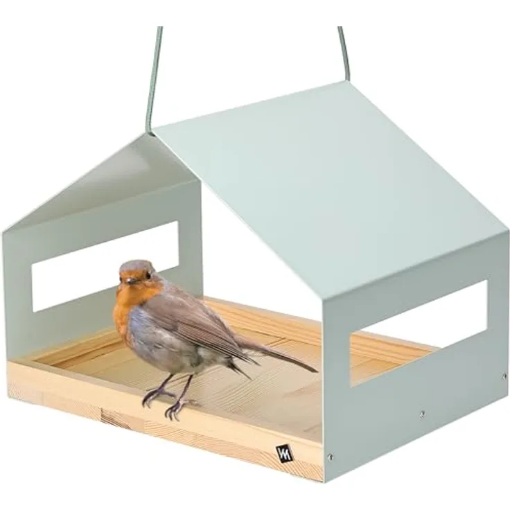 WONDERMAKE® Großes Design Vogelhaus aus Metall und Holz wetterfest zum Aufhängen, modernes Vogelfutterhaus XL Metalldach hängend, Vogelhäuschen Futterhaus für Vögel, Edelstahl Kiefer, türkis-grau mint