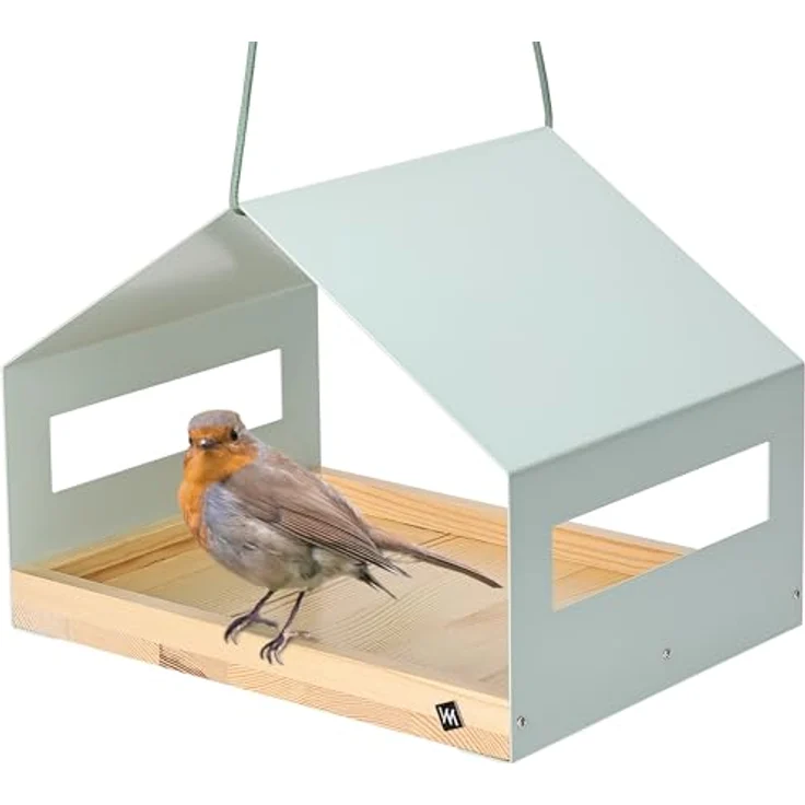 WONDERMAKE® Großes Design Vogelhaus aus Metall und Holz wetterfest zum Aufhängen, modernes Vogelfutterhaus XL Metalldach hängend, Vogelhäuschen Futterhaus für Vögel, Edelstahl Kiefer, türkis-grau mint – Bild 1