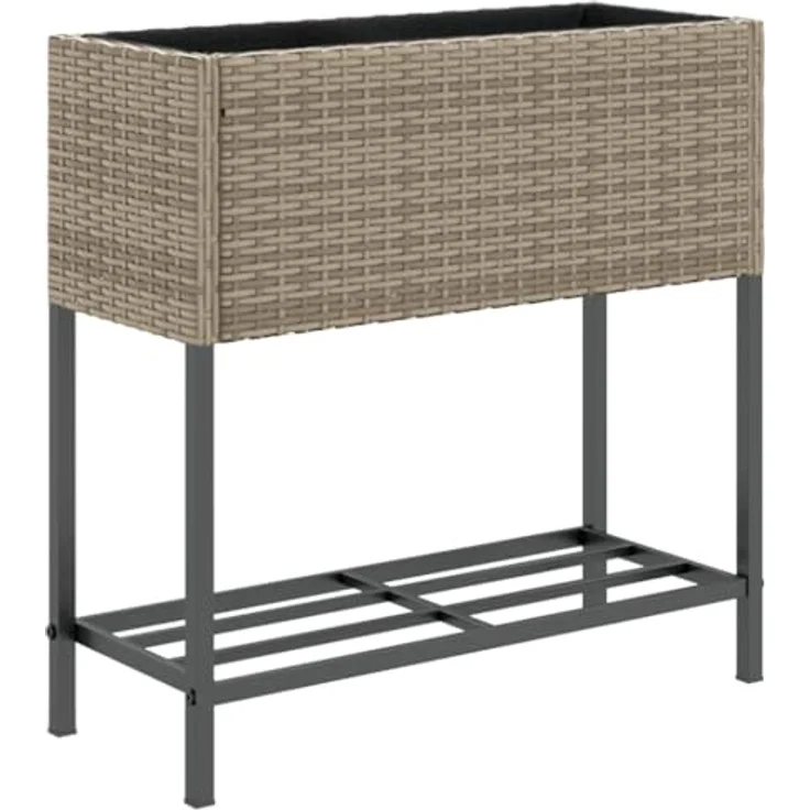 vidaXL Pflanzkübel mit Ablage Grau Poly Rattan, langlebiges PE-Rattan und praktische Ablage – Bild 1