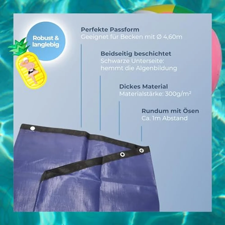 Winterabdeckplane für Rundbecken 300 g-m² mit Randverstärkung, geeignet für Beckengröße: 4,6 m, blau, schwarz - Preisvergleich – Bild 3