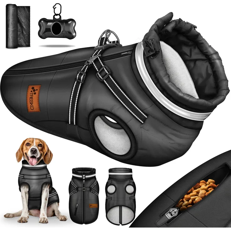 TRESKO Hundejacke Winter mit Reflektoren inkl. 15 Stück Kotbeutel, + Spender Hunderegenmantel wasserdicht Hundemantel mit Geschirr Weste, Schwarz