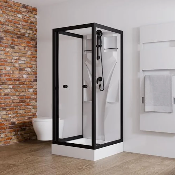 Schulte Komplettdusche Juist, 80x80 cm in Schwarz, mit ESG-Sicherheitsglas, Schiebetür, Duschwanne & Handbrause – Wellnesskabine EP1914504 – Bild 2