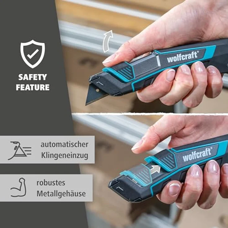 wolfcraft Trapezklingen-Messer-Set PRO SAFETY, Sicherheitsmesser mit extrascharfen Ersatzklingen und Köcher, ergonomisch für Links- und Rechtshänder – Bild 3