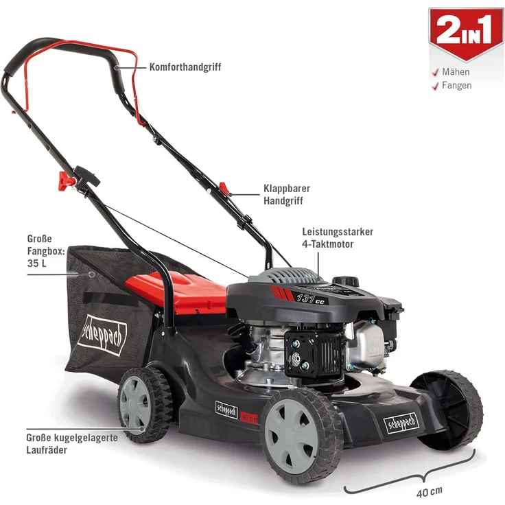 Scheppach MP132-40 Benzin-Rasenmäher - 3,3 PS | 40 cm Schnittbreite | 3-fache Schnitthöhenverstellung | 35 Liter Fangkorb | leicht & platzsparend | große Laufräder | Rasenmäher inkl. Motoröl  – Bild 8
