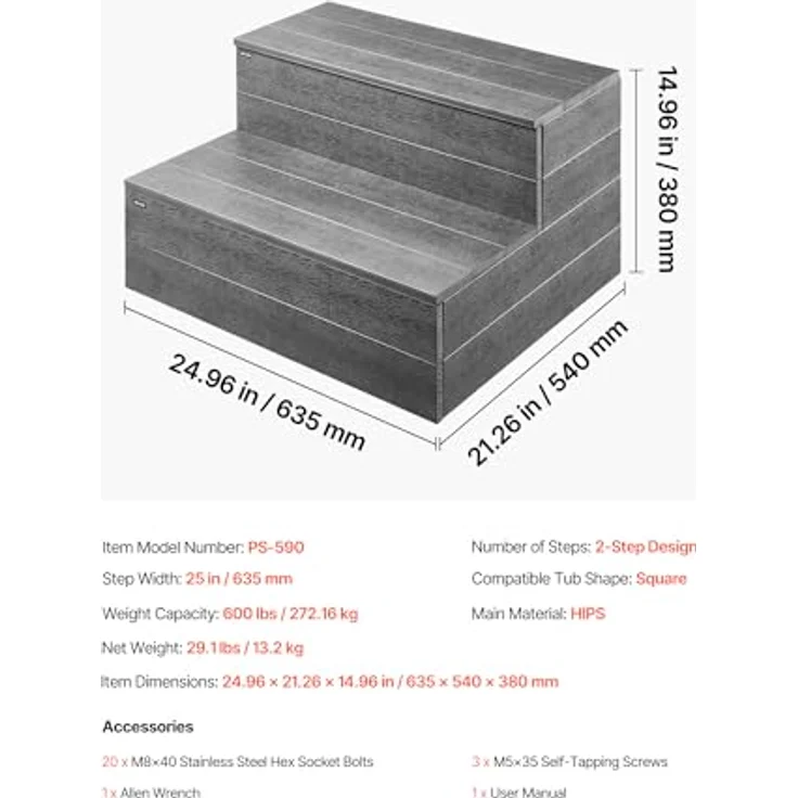 VEVOR Badewannenstufe Pooltreppe 2-stufige Außentreppe, 635 mm HIPS-Leiter mit 272,16 kg Tragkraft, Graphitgrau, für oberirdische/aufblasbare Pools, rutschfeste Trittflächen, leicht installierbar – Bild 7