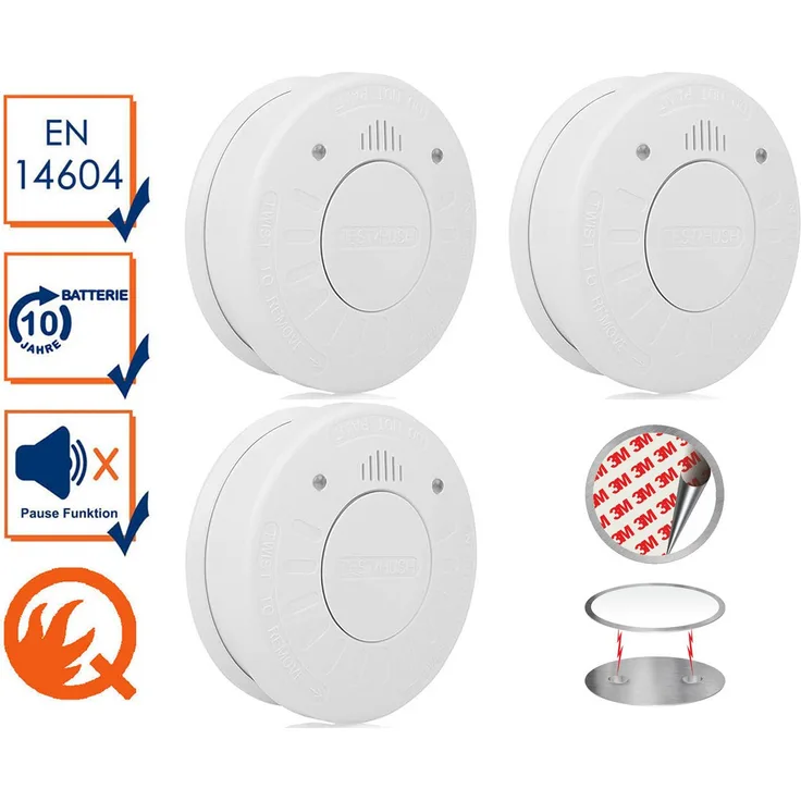 Setpoint Rauchmelder 3er Set, 10 Jahres Brandmelder mit Magnethalter, kleben statt bohren