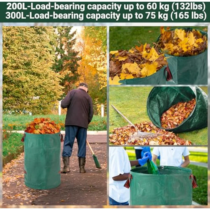 Velway Gartensack 200L+300L, stabiler Gartenabfallsack mit 4 Griffen, robust und wasserdicht, wiederverwendbar und faltbar für Grünschnitt, Laub und Gartenabfälle – Bild 4