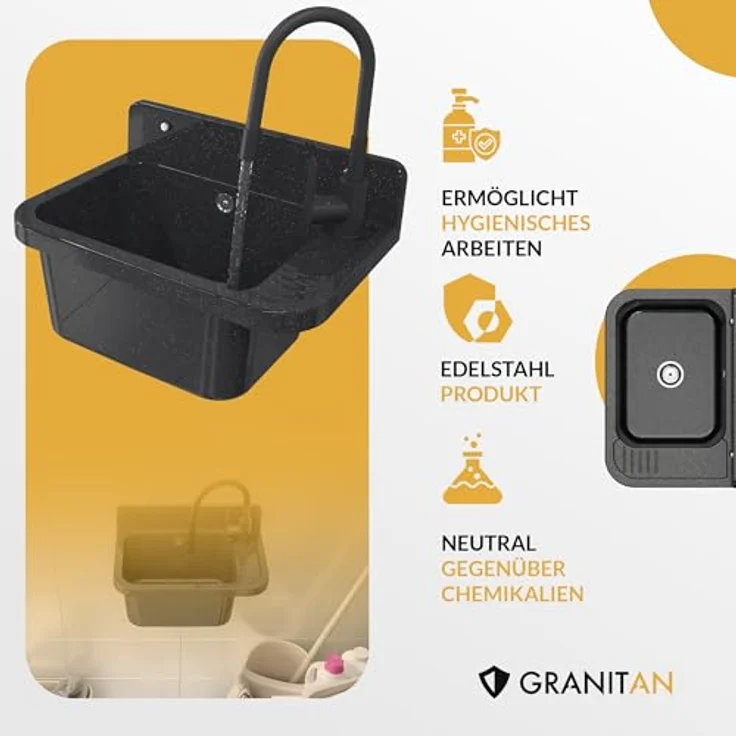 Granitan Kunststoffspüle Ausgussbecken aus Polypropylen - Waschtrog mit Siphon 50x34x31 cm, Waschbecken Set, Garagenspüle mit FLEX-Spülbeckenarmatur – Bild 5