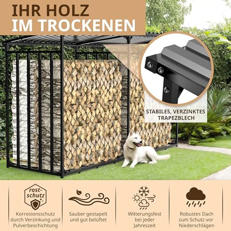 LAWA Kaminholzregal Außen Metall mit Dach, verzinkt Anthrazit, 300x105x185cm für bis zu 5m³ Brennholz, wetterfest, max. Stapelhilfe für 1m I 33cm I 25cm Scheite – Bild 3
