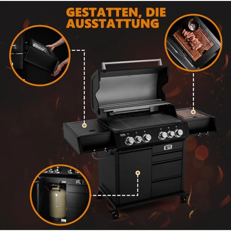 BURNHARD Big EARL Black 4-Brenner Gasgrill Edelstahl mit Heckbrenner, Infrarot Keramikbrenner und Edelstahl Grillrost, inkl. Abdeckhaube und Zubehör – Bild 5
