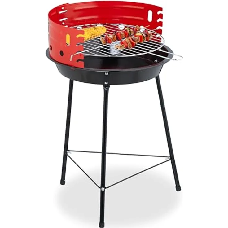 Relaxdays Holzkohlegrill, Dreibein, Ø 37 cm, Windschutz, schwarz/rot