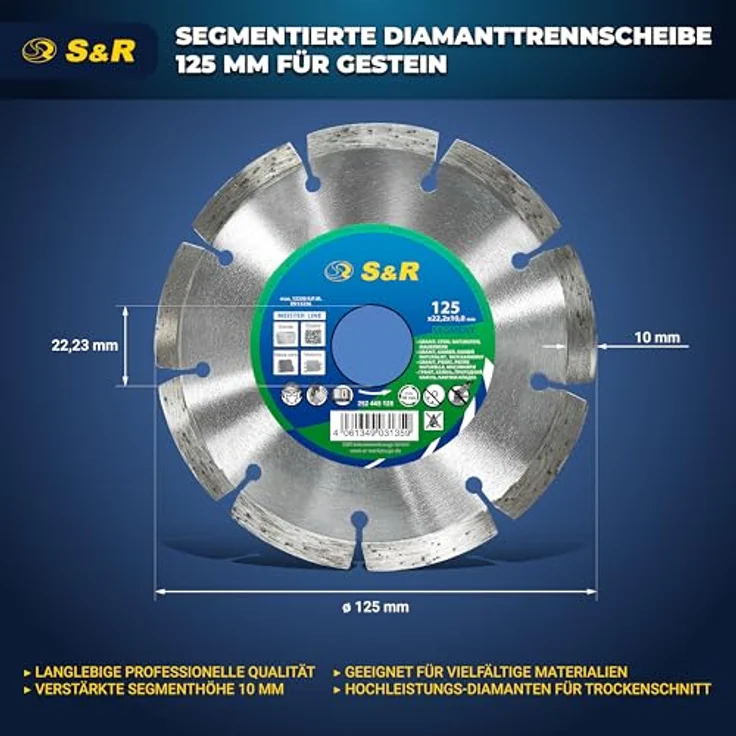 S&R Diamantscheibe 125 x 22,23 mm, Industrie-Qualität für Trennen von Granit, Stein, Marmor und Beton, kompatibel mit Winkelschleifern und Tischsägen – Bild 3