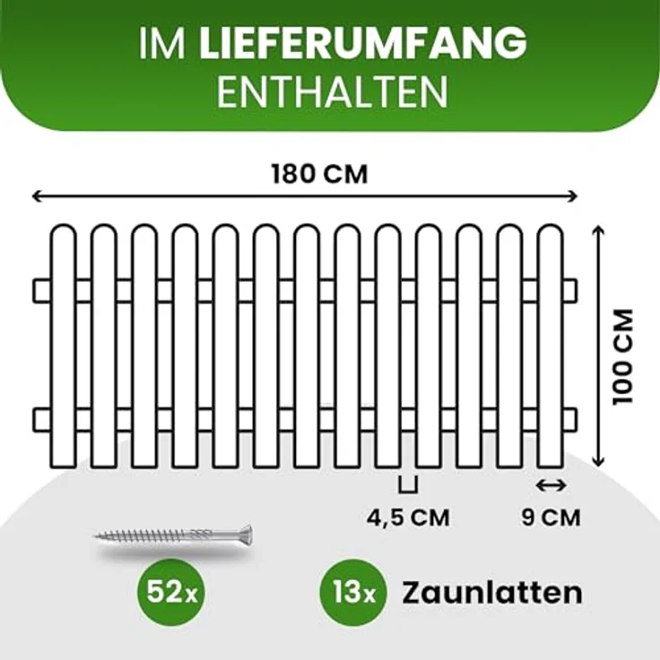 Gartenpirat Holzpaket für Gartenzaun Typ A, Lattenzaun 180 cm x 60 cm, Kiefer imprägniert, inkl. Schrauben – Bild 4