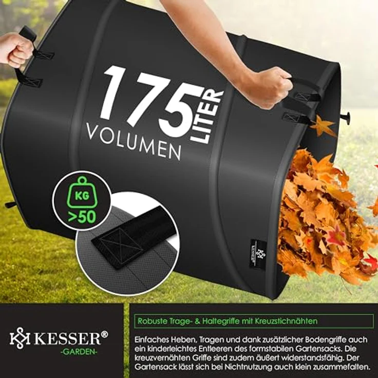 KESSER® Pop-Up-Gartensack 3x 175L Set, selbststehend, faltbar, inkl. Handschuhe, robustes Propylengewebe, stabil mit Griffen, für Laub- und Gartenabfälle – Bild 5