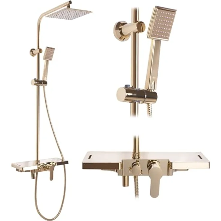 Rea Duschsystem Bravo Gold, Duschset mit Messing-Duscharmatur, Duschkopf und Kopfbrause, Aufputzmontage, Anti-Kalk, gold