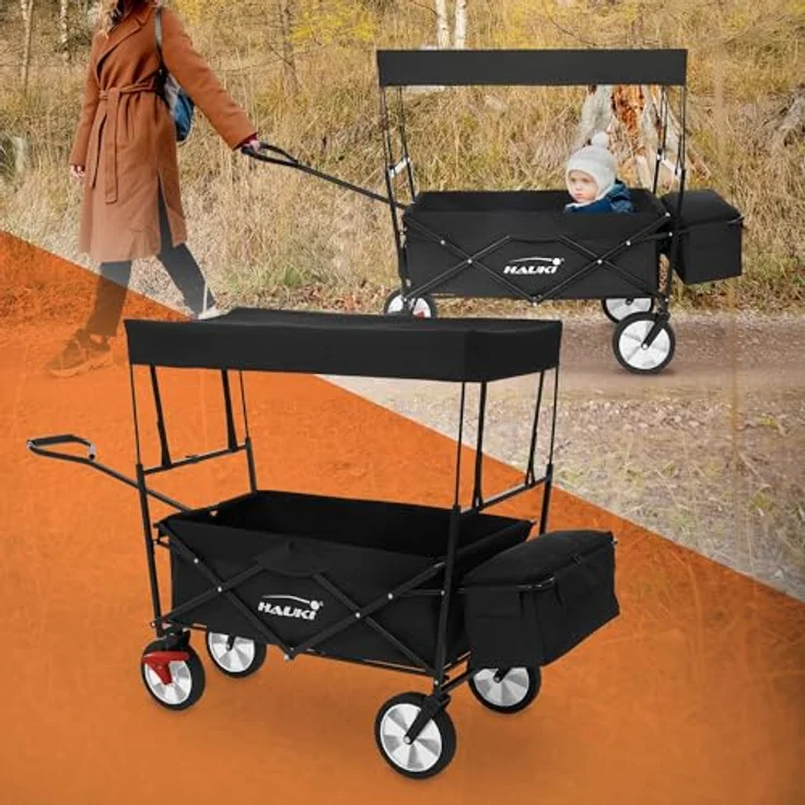 Hauki Bollerwagen L, faltbar mit abnehmbarem Dach, Schwarz, transportabel bis 80 kg, inkl. 2 Netztaschen, 1 Außentasche, Vorderrad-Bremse, 360° drehbare Reifen – Bild 1