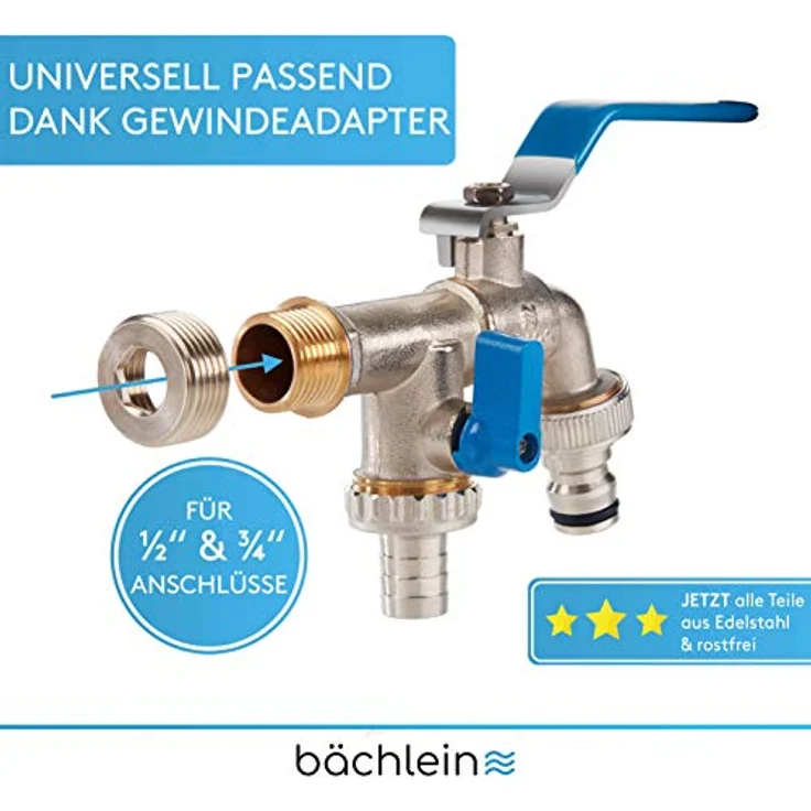 Bächlein Universal Doppel Auslaufhahn für den Garten [blau] inkl. 2 Schlauchanschlüssen - edler Doppelwasserhahn mit 1/2 und 3/4 Zoll Anschluss, Doppel Kugel-Auslaufventil – Bild 2