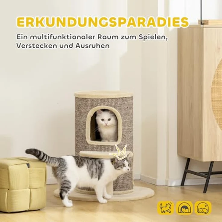 PawHut Kratztonne für Katzen, 61 cm hoch, mit 2 Höhlen, Sisal-Kratzfläche und Plüschbezug, in Beige – Bild 3