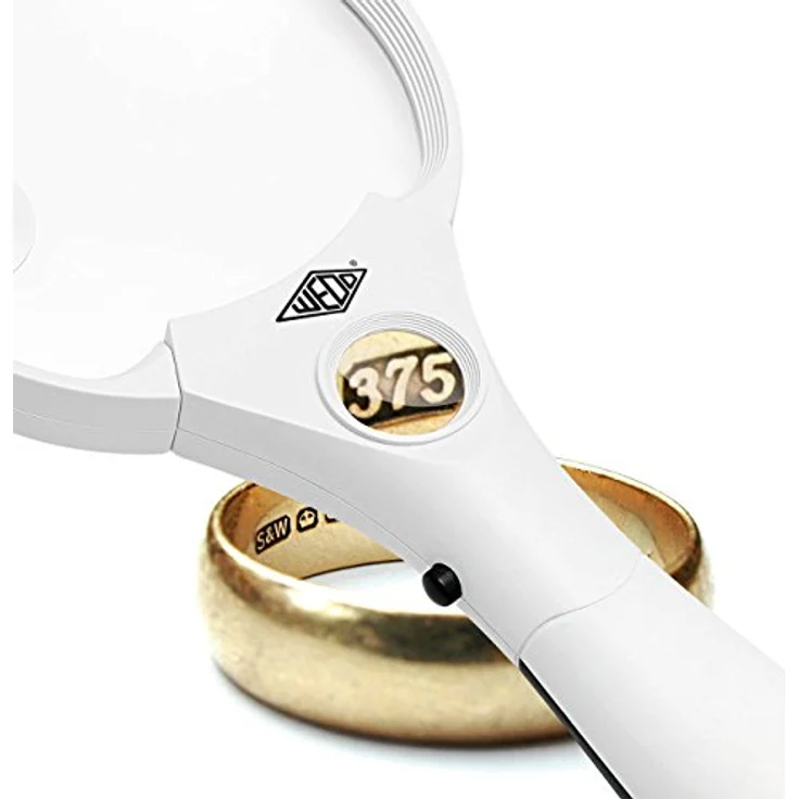 Wedo 2717550 Profi-Lupe Profi Lupe, 3 LEDs, 2,5x 4,5x 12x Vergrößerung, Linsen-Durchmesser 9 cm, ergonomischer Griff, inkl. Batterien, Weiß/Schwarz – Bild 5