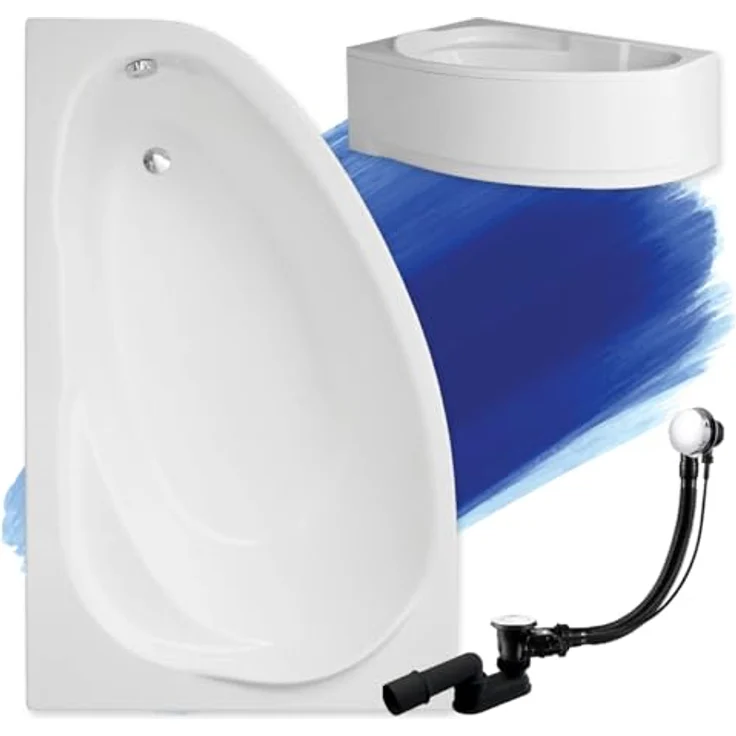Polimat BADLAND MAREA Eckbadewanne 160x100 cm, Komplettset mit Acrylschürze, Chrom Automatik Ablaufgarnitur, weiß, Made in EU – Bild 1