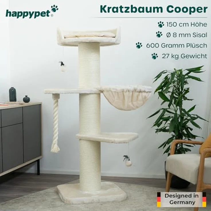 HAPPYPET Premium Kratzbaum Grosse Katzen Stabil 'Cooper' – Katzenbaum, Kletterbaum, für Maine Coon, Natursisal, Dicke Stämme mit 20 cm, 150 cm Hoch, Creme - Preisvergleich – Bild 2