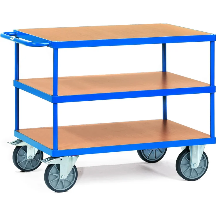 Fetra Tischwagen 2420, Transportwagen mit 200 kg Tragkraft, pulverbeschichtet in RAL 5007, drei Holzwerkstoffplatten, Sicherheitsstandard EN 1757-3 – Bild 1