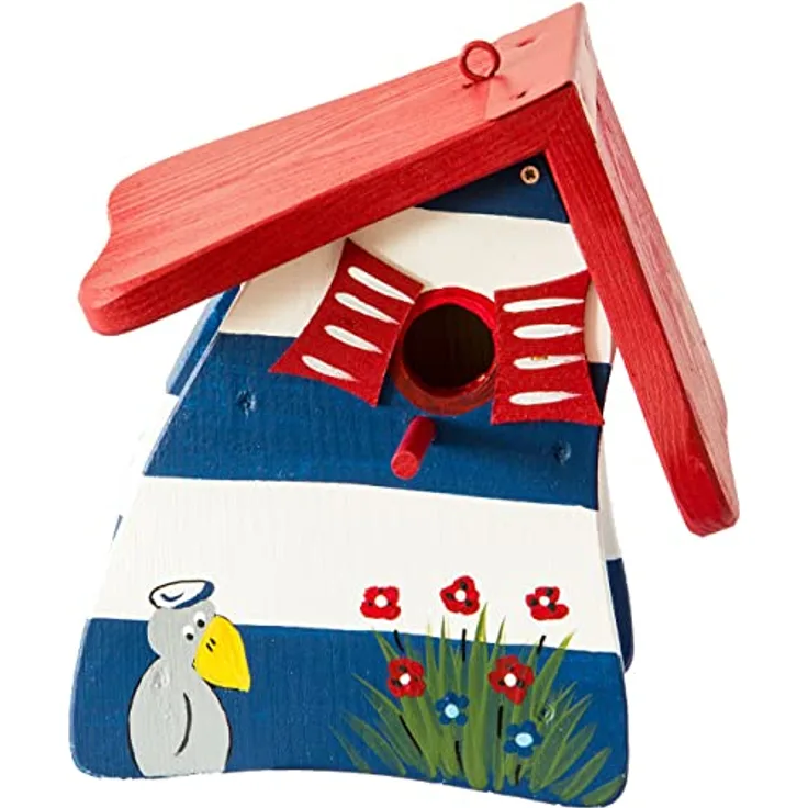 Nistkasten Leuchtturm blau/weiß, Vogelhaus aus Holz, Vogelhäuschen für Wildvögel, Nistvilla, Vogelvilla