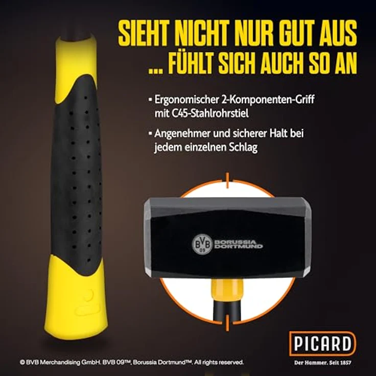 PICARD Hammer Fäustel RS 304, 1.250g, ergonomischer 2K Griff im BVB-Look, korrosionsgeschützter Kopf – Bild 4