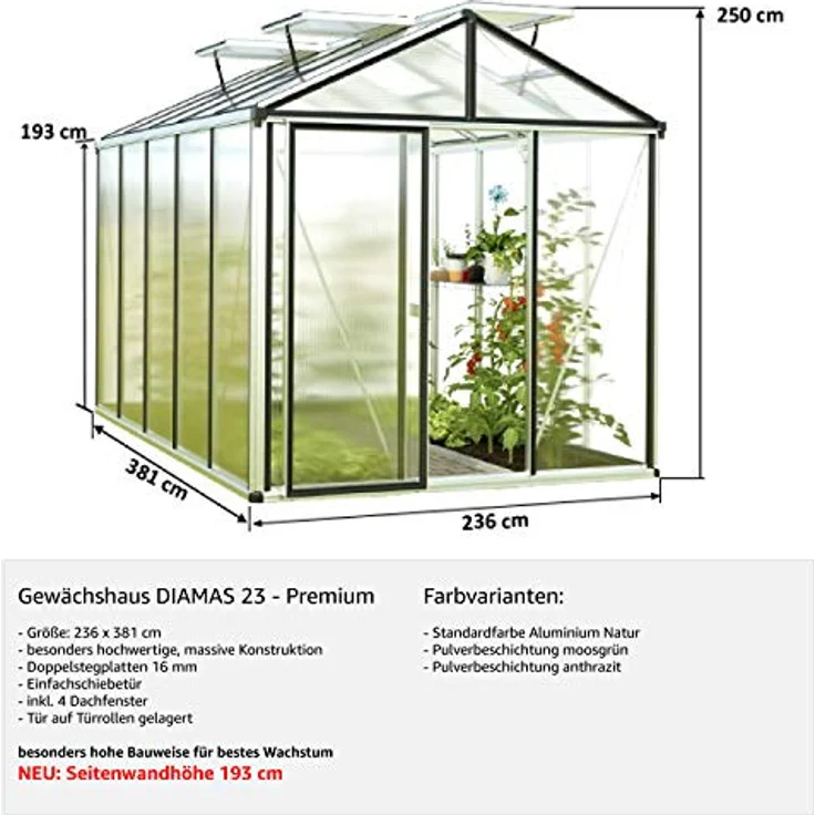 GFP Gewächshaus Diamas 23 Premium 235x385 cm mit integriertem Fundament 16 mm Doppelstegplatten, Farbe Aluminium Natur - Made in Austria – Bild 3