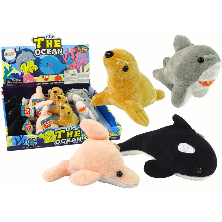 LEAN Toys Tierkuscheltier Meerestiere Mini Plüschtier Stofftiere Hai Wal Delfin Robbe Spielzeug, 4 Modelle in realistischem Design, CE-zertifiziert, geeignet ab 3 Jahren