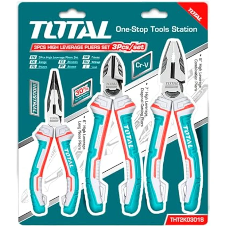 TOTAL Zangen-Set 3-teilig, 1x 180-mm Universalzange, 1x 160-mm Schneidzange, 1x 160-mm Flachzange, Chrom-Vanadium, Anti-Fall-Schutz, ergonomischer Griff – Bild 1