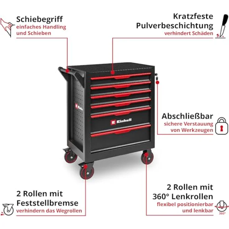 Einhell Werkstattwagen 149-tlg., inkl. 70 Bits, 11 Ringgabelschlüssel und Zangen, kugelgelagerte Schubladen, abschließbar, mobil – Bild 5