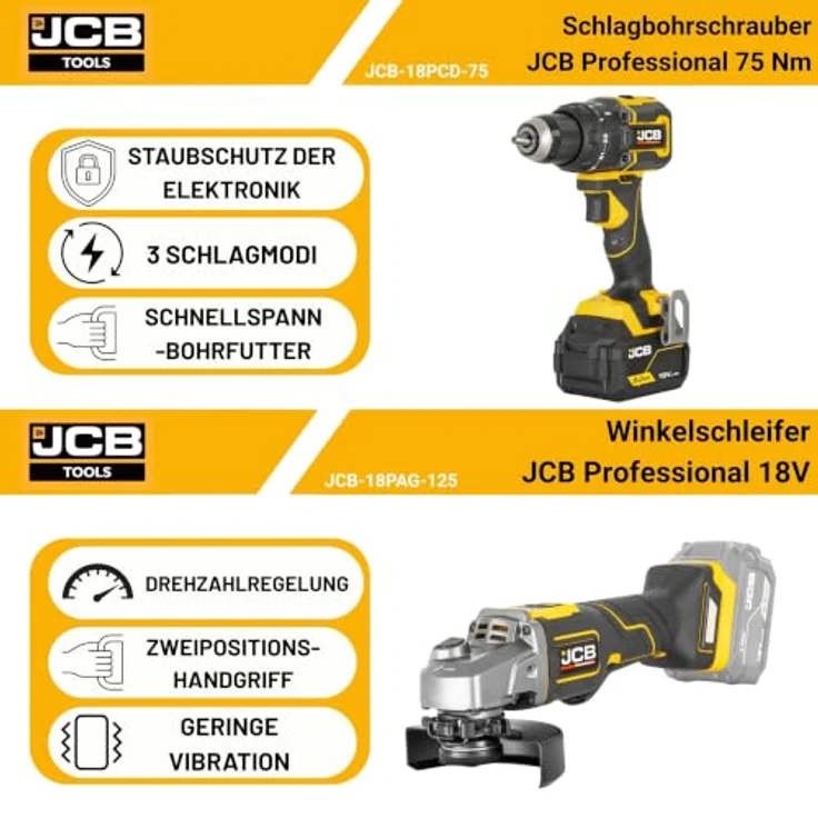 JCB 18PKIT-4 Akku Starter-Set, 75 Nm Drehmoment, inkl. 2x 5,0 Ah Akkus & Schnellladegerät, gelb-schwarz – Bild 3