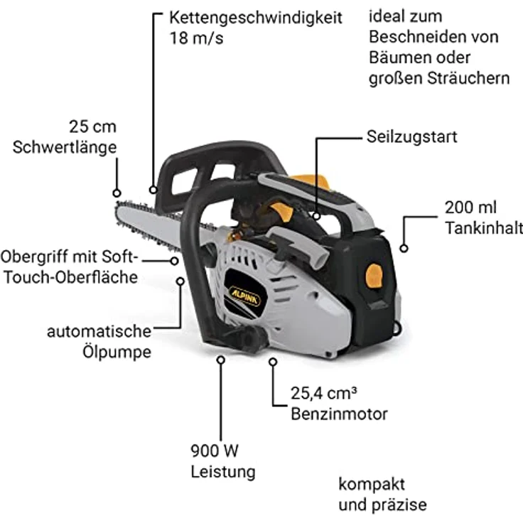 Alpina Benzin-Kettensäge APR 25 C Schneidschiene 25 cm mit Carving-Spitze Benzinmotor 25,4 ccm Für h – Bild 2