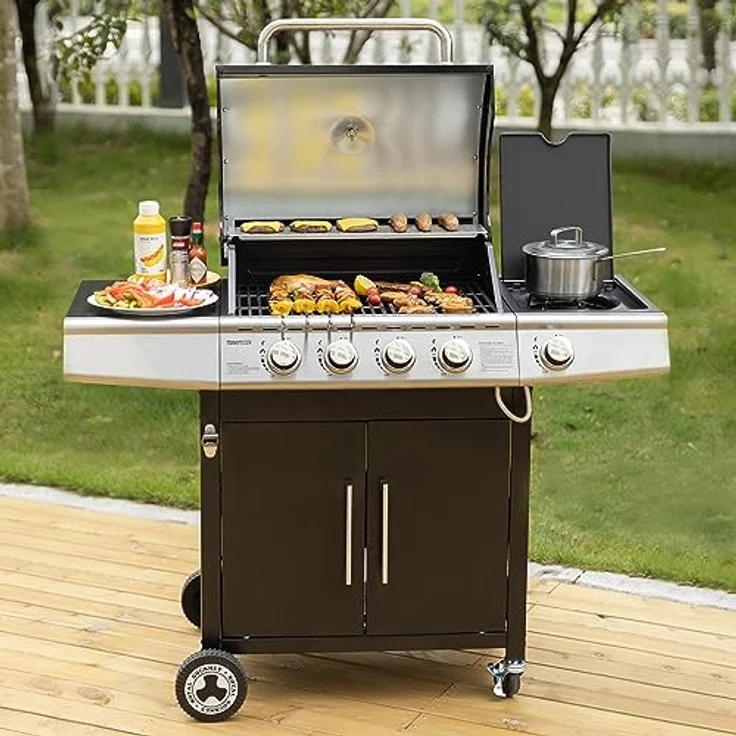 Royal Gourmet 4+1 Brenner Gasgrill Grillwagen mit automatischer Zündung,integriertem Thermometer und Unterschrank Edelstahl Brenner mit 14,5 kW Camping Gasgrill für Outdoor Barbecue Schwarz – Bild 2