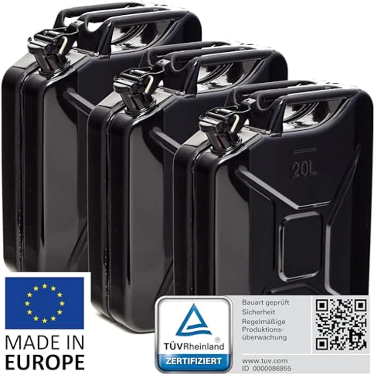 BW® Benzinkanister Metall 3x 20 Liter, Schwarz RAL 9005, TÜV-geprüft, UN-zugelassen, 0,9mm Stahl für Benzin, Diesel, E10, 2-Takt, Made in Europe – Bild 2