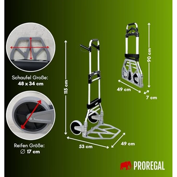PROREGAL® Profi-Sackkarre ELEPHANT Traglast 250kg Alurahmen ergonomische Griffe Gummiräder, klappbare Schaufel 48x34cm, TPR-Gummiräder, Schwerlastgurt, Klettverschluss – Bild 4
