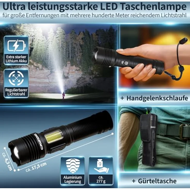 GRUNDIG LED Taschenlampe Ion Technologie, aufladbar, extrem hell, mit Powerbank und Arbeitsleuchte, Aluminium Gehäuse, wasserfest, 3000 mAh Akku – Bild 4