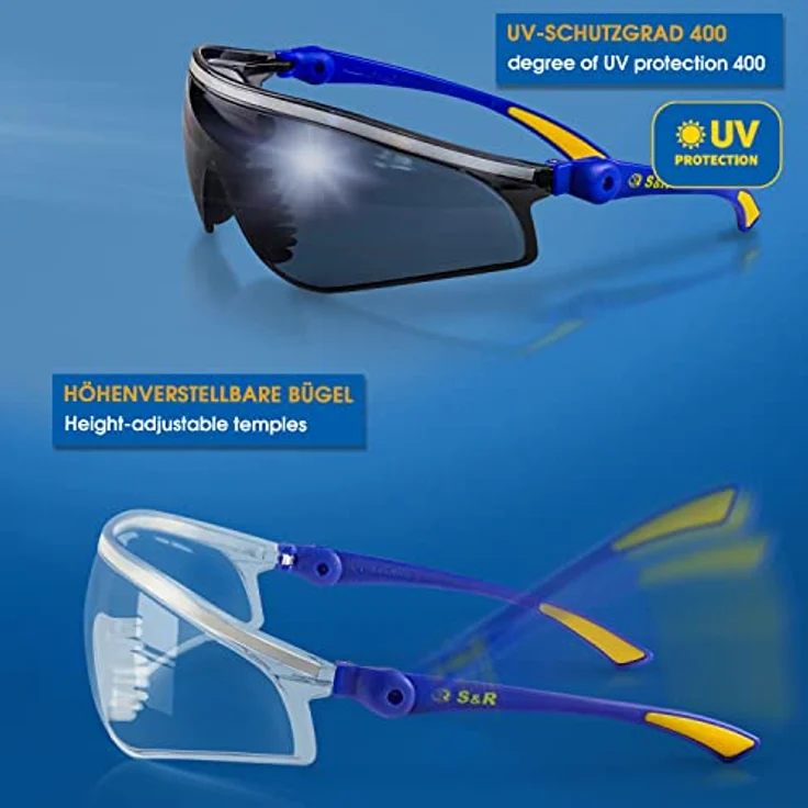 S&R Arbeitsschutzbrille transparente und getönte Sicherheits-Gläser, stoßfest, UV400 Schutz, (2St., 2 tlg. mit einem Reinigungstuch und einer robusten Tasche), verstellbare Bügel, EN 166, Sicherheitsbrillen, Komfort-Line – Bild 3