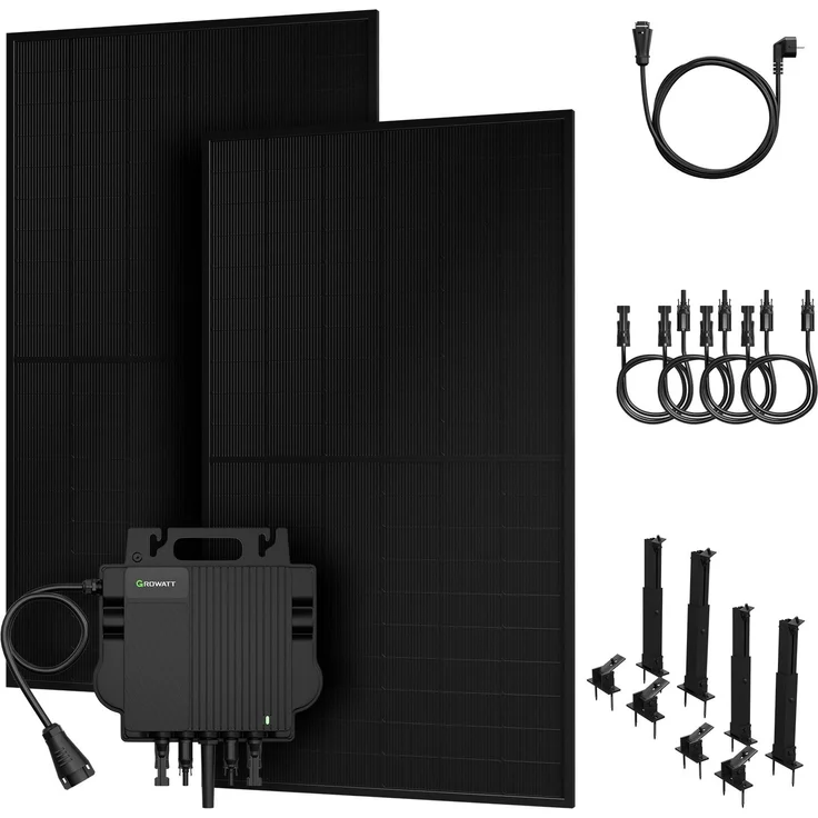 Powerness® Balkonkraftwerk 2x 500W Bifazial Glas-Glas Solarmodul mit Growatt NEO-800M-X 800W Mikrowechselrichter und 2 Flachdach-Halterungen, 0% VAT