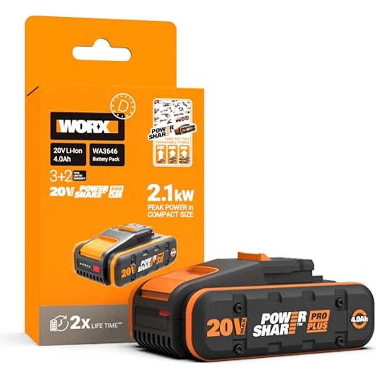 WORX WA3646 PowerShare Pro Plus Akku 20 V, 4 Ah, 40 % mehr Leistung, 20 % mehr Laufzeit, 360° Zellenschutz, leicht & kompakt, kompatibel mit WORX PowerShare Werkzeugen – Bild 1