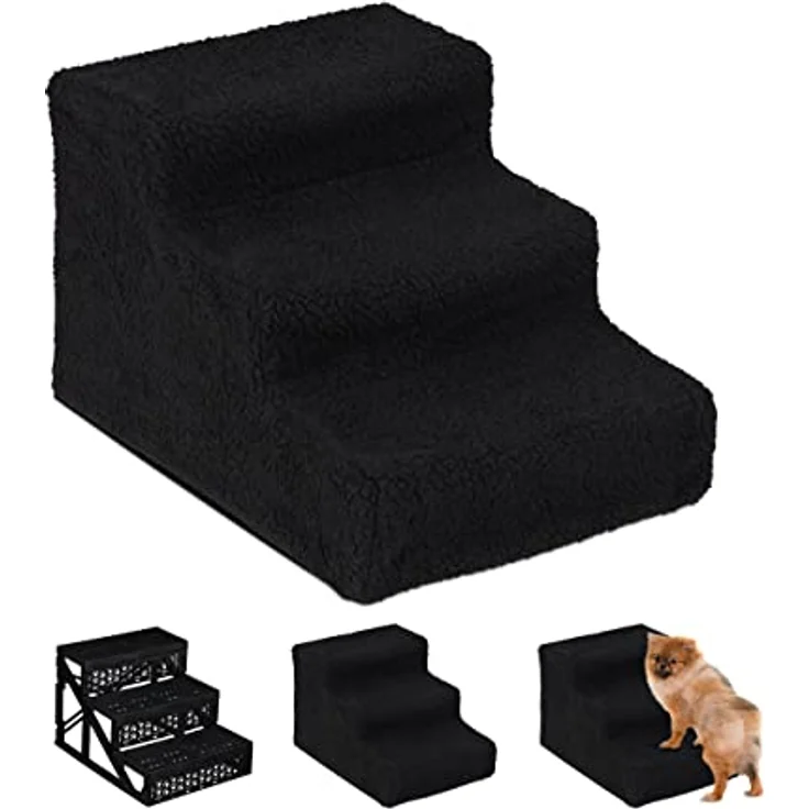 Relaxdays Hundetreppe 3 Stufen, kleine & große Hunde, Bett & Couch, Stoffbezug, Tiertreppe innen, 30x35x45 cm, schwarz 1 Stück – Bild 1