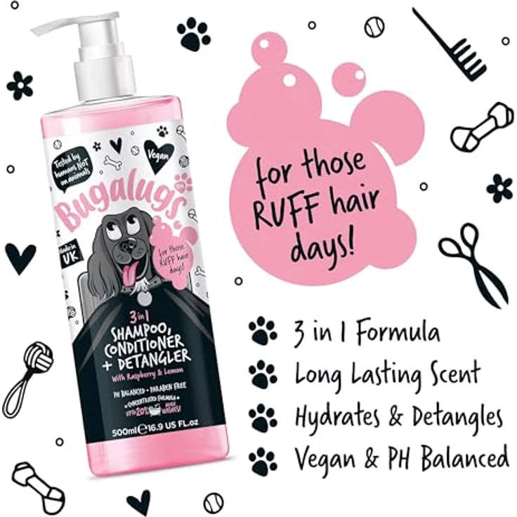 Bugalugs Hundeshampoo 3in1 mit Conditioner und Entwirrer, 500 ml, pH-neutral, vegan, mit Himbeer- und Zitronenduft, für alle Hunderassen – Bild 4