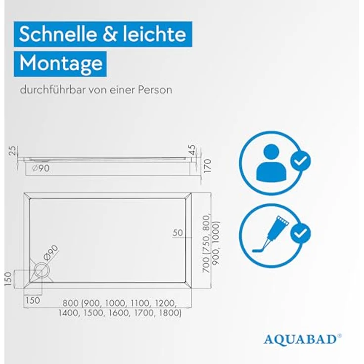 AQUABAD Duschwanne/Duschtasse Komplettset Basic Smooth White 80x120cm Rechteck, Hochglanz-Acryl, inkl. Styroporträger, Marken-Siphon mit Chromdeckel, Gesamthöhe 16 cm, zum Befliesen – Bild 5