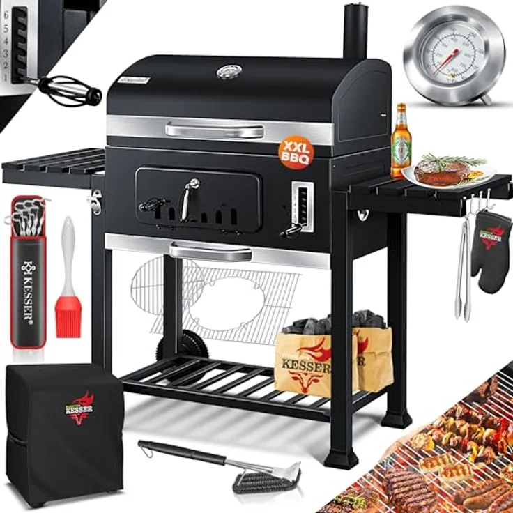 KESSER® Grillwagen BBQ Smoker XXL Holzkohlegrill mit Deckel, Rädern, Edelstahl-Griff, Thermometer, inkl. Zubehör - Schwarz