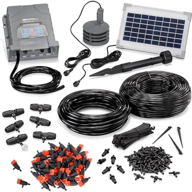 Esotec Solar Bewässerungssystem WaterDrops, 50 regulierbare Tropfer für wassersparende Pflanzenbewässerung, inkl. NiMh Akku und Solarmodul